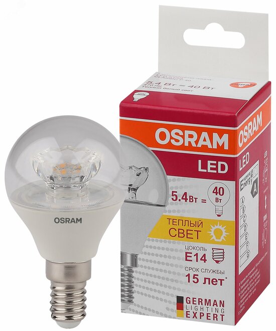 Фото №2 Лампа светодиодная LED 5.4Вт Е14 LS CLP40 тепло-белый прозрачная шар Osram (971622)