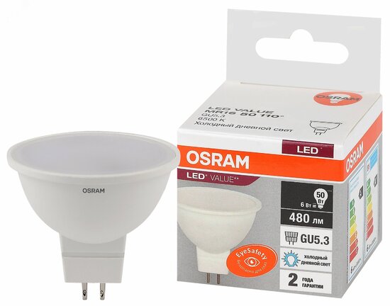 Фото №2 Лампа светодиодная LED 6 Вт GU5.3 6500К 480Лм спот 220 В (замена 50Вт) OSRAM (4058075582668)