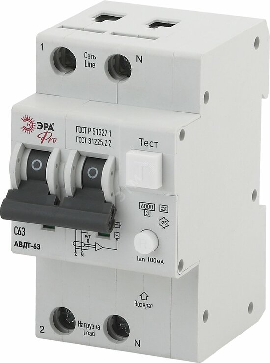 Фото №2 Автоматический выключатель дифференциального тока Pro NO-901-97 АВДТ 63 (А) C63 100mA 6кА 1P+ ЭРА (Б0031847)