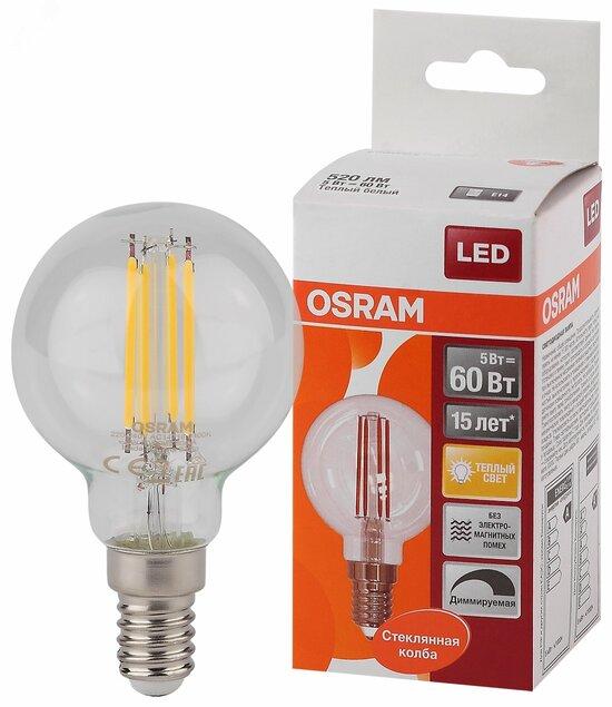 Фото №2 Лампа светодиодная LED 5Вт E14 CLB60D тепло-бел, Filament диммируемая,прозр.шар OSRAM (4058075230415)