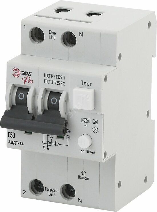 Фото №2 Автоматический выключатель дифференциального тока Pro NO-902-06 АВДТ 64 (А) C50 100mA 6кА 1P+ ЭРА (Б0031856)