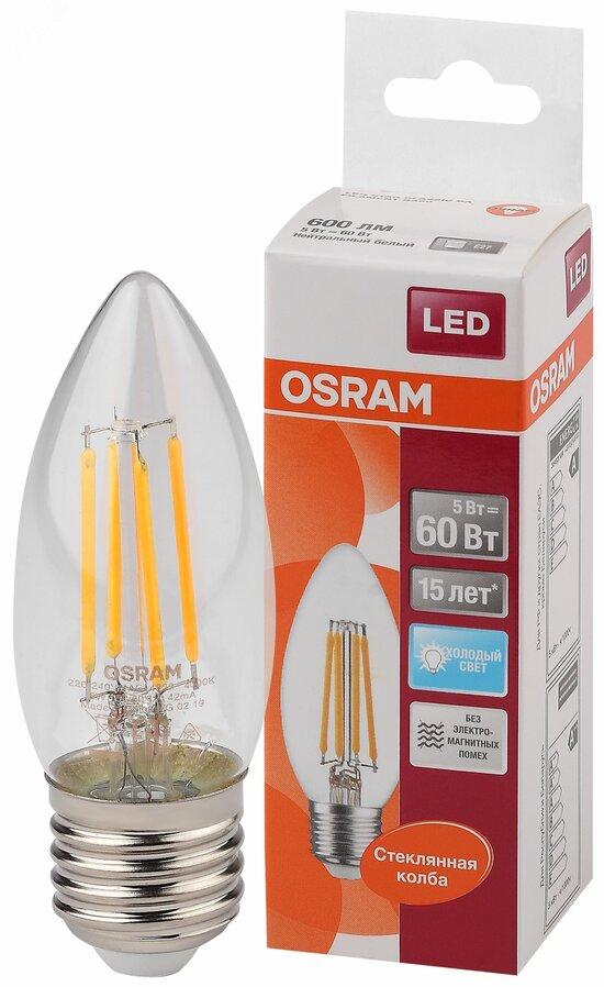 Фото №2 Лампа светодиодная LED 5Вт E27 CLB60 белый, Filament прозр.свеча OSRAM (4058075212428)