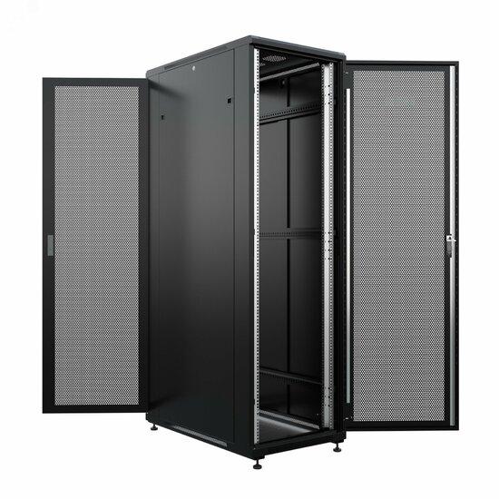 Фото №3 Шкаф напольный универсальный серверный NTSS R 32U 600х1000мм, 4 профиля 19, двери перфорированная и сплошная металл, боковые стенки съемные, регулируемые опоры, разобранный, черный RAL 9005 (NTSS-R32U60100PD-BL)