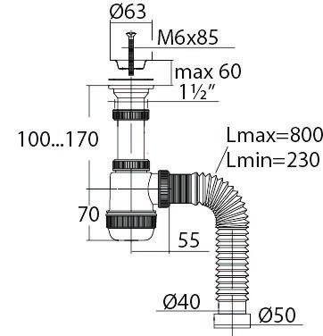 Фото №2 Сифон МИНИ ЭЛИТ для раковин 1'1/2 x 40/50 мм с нержавеющей чашкой 63 мм и с гофротрубой L800 мм (30986780)
