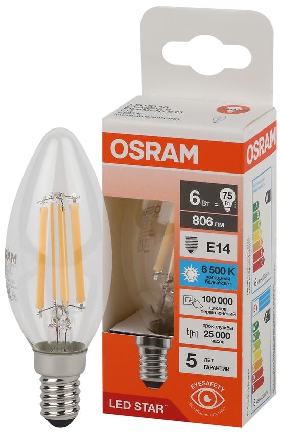Фото №3 Лампа светодиодная филаментная LED Star Свеча 6Вт (замена 75Вт), 806Лм, 6500К, цоколь E14 OSRAM (4058075688001)