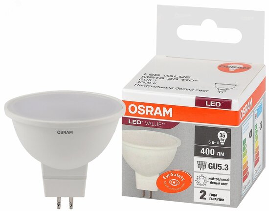 Фото №2 Лампа светодиодная LED 5 Вт GU5.3 4000К 400Лм спот 220 В (замена 35Вт) OSRAM (4058075582422)