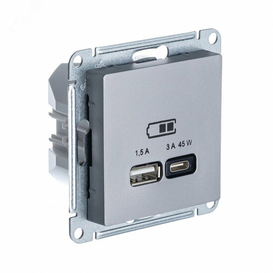 Фото №2 ATLASDESIGN USB РОЗЕТКА A + тип-C 45W высокоскор.заряд. QC, PD, механизм, СТАЛЬ (ATN000929)