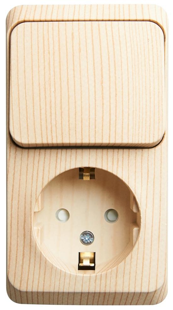 Фото №2 ЭТЮД блок открытой установки Розетка с зеземлением со шторками + Выключатель 1-клавиш., сосна (BPA16-201D)