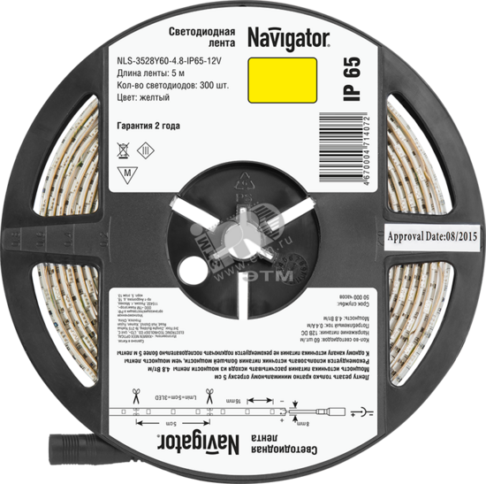 Фото №2 Лента светодиодная LEDх60/м 5м 4.8w/m 12В IP65 желтый (71407 NLS-3528)