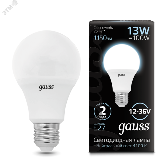 Фото №3 Лампа светодиодная LED 13 Вт 1150 Лм 4100K белая E27 A60 AC/DC 12-36 В Black Gauss (202502213)
