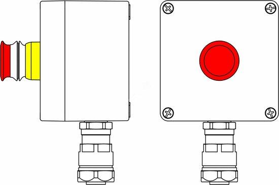 Фото №2 Пост управления взрывозащищенный из GRP. 1Ex d e IIC T5 Gb X IP66 Ex tb IIIB T95C Db X. Аварийная кнопка красная, 1NC/1NO-1шт. B: ввод D8-13мм под небронированный кабель в металлорукаве Dt 20мм. Ni 1шт. (2231.031.19.01K)