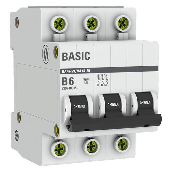 Фото №2 Автоматический выключатель 3P 6А (B) 4,5кА ВА 47-29 EKF Basic (mcb4729-3-06-B)