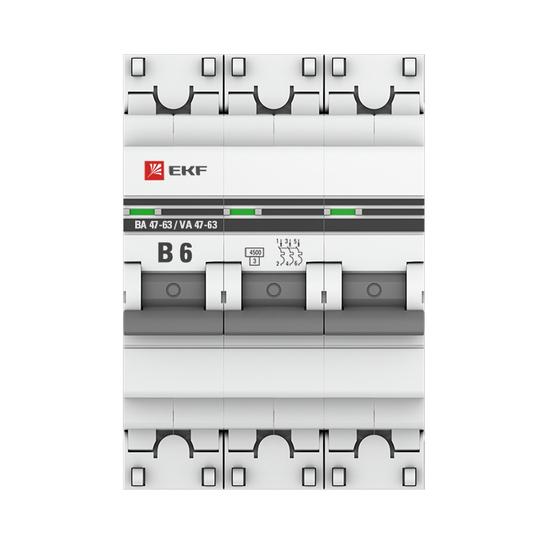Фото №3 Выключатель автоматический трехполюсный 6А В ВА47-63 4.5кА PROxima (mcb4763-3-06B-pro)