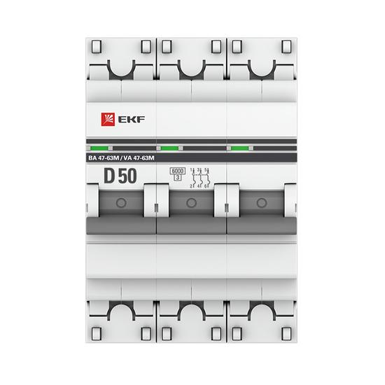 Фото №3 Автоматический выключатель 3P 50А (D) 6кА ВА 47-63M c одним магнитным расцепителем EKF (mcb4763m-6-3-50D-pro)