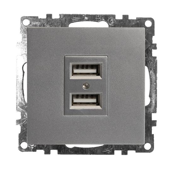 Фото №2 Розетка 2-местная USB (механизм), 250В, 2,4А, серия Катрин, серебро (GLS10-7115-03)