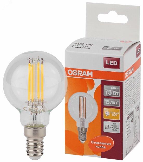 Фото №2 Лампа светодиодная LED 6Вт E14 CLP75 тепло-бел, Filament прозр.шар OSRAM (4058075218147)