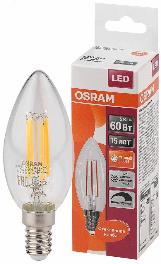 Фото №2 Лампа светодиодная LED 5Вт E14 CLB60D тепло-бел, Filament диммируемая,прозр.свеча OSRAM (4058075230354)