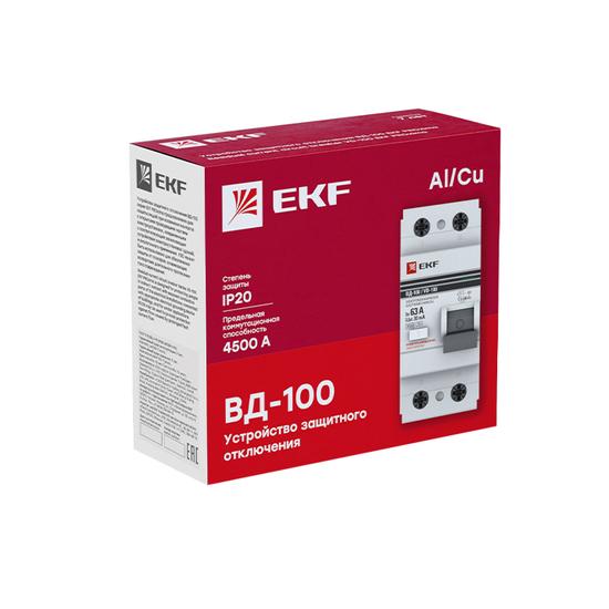 Фото №3 Выключатель дифференциального тока (УЗО) ВД-100 2P 80А/300мА (электромеханическое) EKF PROxima (elcb-2-80-300-em-pro)