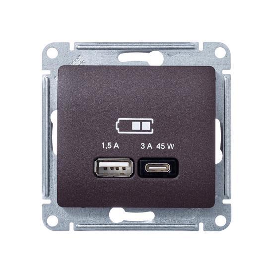 Фото №3 GLOSSA USB РОЗЕТКА A + тип-C 45W высокоскор.заряд. QC, PD, механизм, ШОКОЛАД (GSL000829)