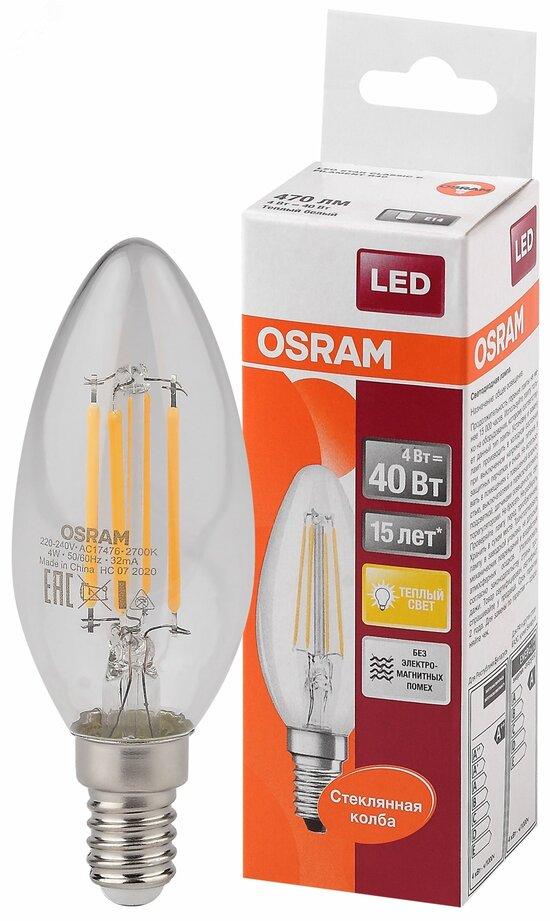 Фото №2 Лампа светодиодная LED 4Вт Е14 FILAMENT CLB40, тепло-бел, прозр.свеча OSRAM (4058075068353)