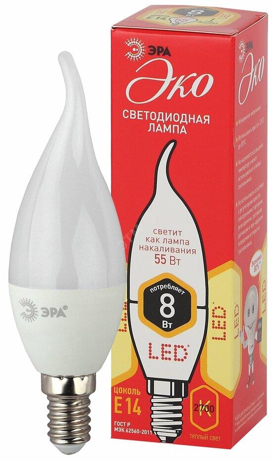 Фото №2 Лампа светодиодная ECO LED BXS-8W-827-E14 (диод, свеча на ветру, 8Вт, тепл, E14 (10/100/2800) ЭРА (Б0040883)