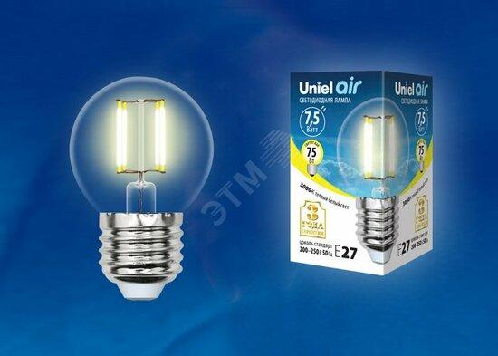 Фото №3 LED-G45-7,5W/WW/E27/CL GLA01TR Лампа светодиодная. Форма ''шар'', прозрачная. Серия Air. Теплый белый свет (3000K). Картон. ТМ Uniel (LEDG457,5WWWE27CLGLA01TR)