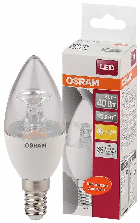 Фото №2 Лампа светодиодная LED 5.4Вт E14 LS CLB40 тепло-белый прозрачная свеча OSRAM (4058075318120)