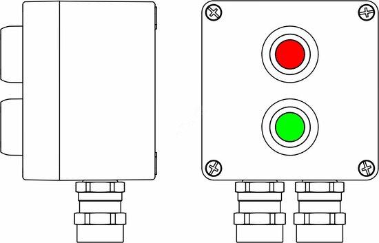 Фото №2 Пост управления взрывозащищенный из алюминия. 1Ex d e IIC T6 Gb X/Ex tb IIIB T80C Db X/IP66. Кнопка зеленая, 1NC/1NO-1шт. Кнопка красная,1NC/1NO-1шт. С: ввод D5,5-13мм под бронированный кабель, Ni-2шт. (2201.121.19.03N)
