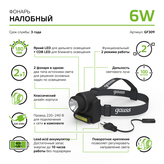 Фото №8 Фонарь налобный LED 6 Вт 180 Лм Lead 800mAh модель GFL309 Gauss (GF309)