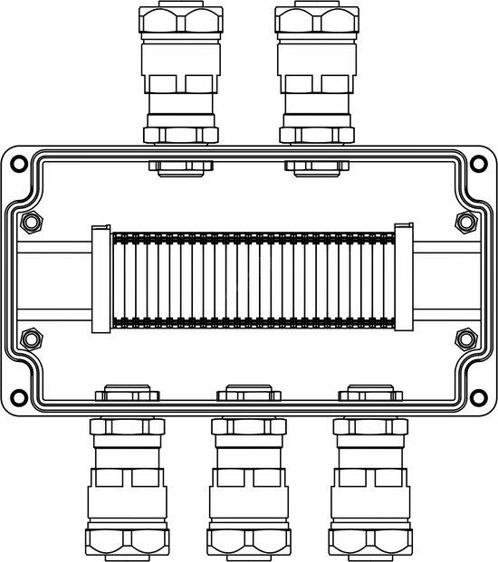 Фото №2 Коробка клеммная взрывозащищенная из алюминия. 1Ex e IIC Т5 Gb/Ex tb IIIB T95C Db IP66. Клеммы 2,5мм2-25шт. А,С: ввод D8-13мм под небронированный кабель в металлорукаве Dt 20мм. Ni-5шт. (1201.141.20.01J)