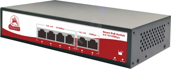 Фото №2 Коммутатор неуправляемый PoE 4 порта 10/100 Мб/с, 2хRJ45, 72 Вт (SR-PS0420FBL)