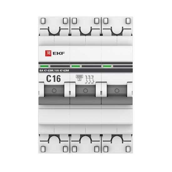 Фото №4 Автоматический выключатель 3P 16А (C) 6кА ВА 47-63M c электромагнитным расцепителем EKF PROxima (mcb4763m-6-3-16C-pro)