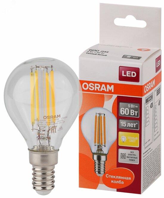 Фото №2 Лампа светодиодная LED 5Вт E14 CLP60 тепло-бел, Filament прозр.шар OSRAM (4058075212459)