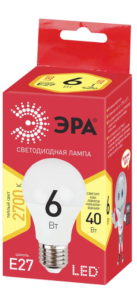 Фото №3 Лампа светодиодная ECO LED A60-6W-827-E27  (диод, груша, 6Вт, тепл, E27), (10/100/1200) ЭРА (Б0019064)