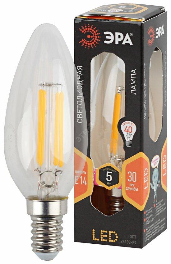 Фото №2 Лампа светодиодная филаментная F-LED B35-5W-827-E14 (филамент, свеча, 5Вт, тепл, E14 (10/100/5000) ЭРА (Б0043435)