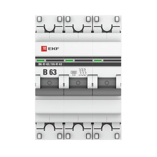 Фото №3 Выключатель автоматический трехполюсный 63А B ВА 47-63 6кА PROxima (mcb4763-6-3-63B-pro)