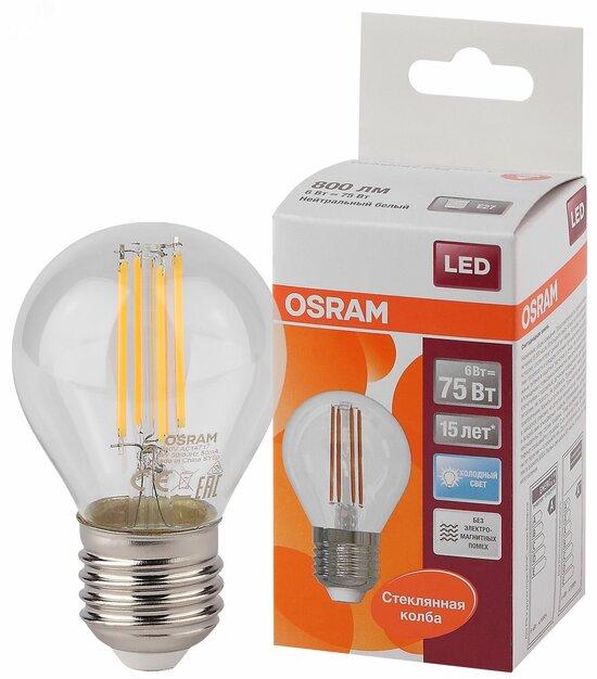 Фото №2 Лампа светодиодная LED 6Вт E27 CLP75 белый, Filament прозр.шар OSRAM (4058075218239)