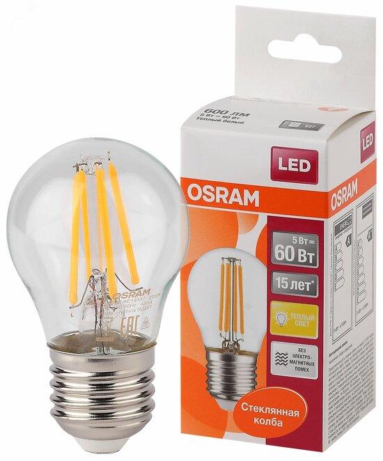 Фото №2 Лампа светодиодная LED 5Вт E27 CLP60 тепло-бел, Filament прозр.шар OSRAM (4058075212510)