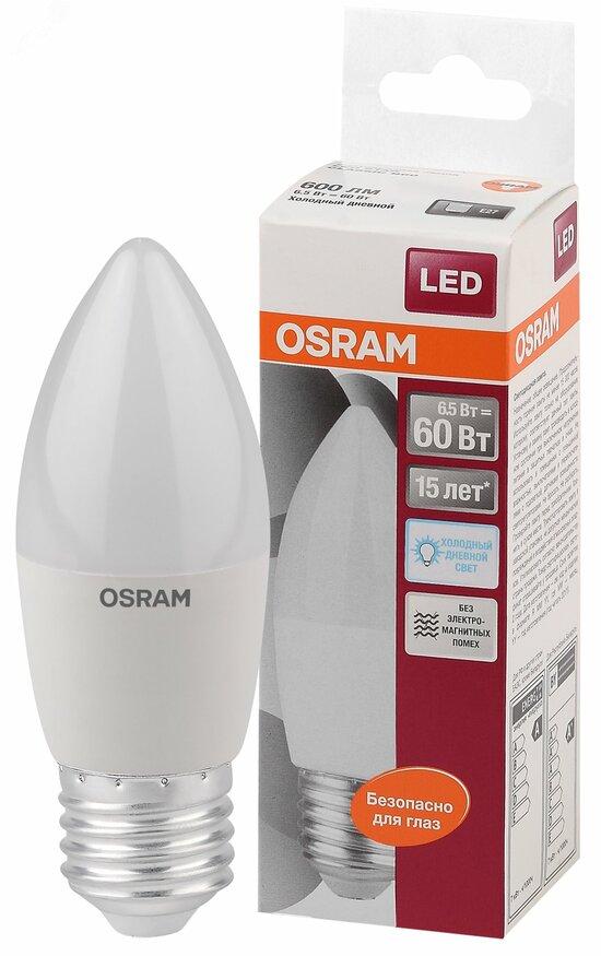 Фото №2 Лампа светодиодная LED 6,5Вт Е27 6500К  600лм свеча 230V FR В (замена 60Вт) OSRAM LS (4058075467668)