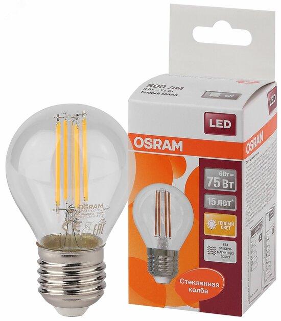 Фото №2 Лампа светодиодная LED 6Вт E27 CLP75 тепло-бел, Filament прозр.шар OSRAM (4058075218208)