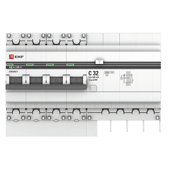 Фото №3 Дифференциальный автомат АД-4 32А/300мА (х-ка C, АС, электронный, защита 270В) 4,5кА EKF PROxima (DA4-32-300-pro)