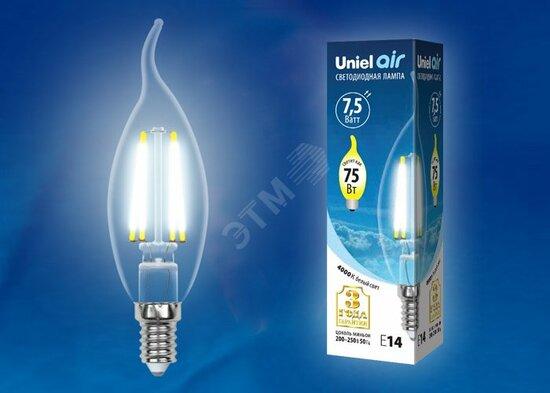 Фото №3 LED-CW35-7,5W/NW/E14/CL GLA01TR Лампа светодиодная. Форма ''свеча на ветру'', прозрачная. Серия Air. Белый свет (4000K). Картон. ТМ Uniel (LEDCW357,5WNWE14CLGLA01TR)