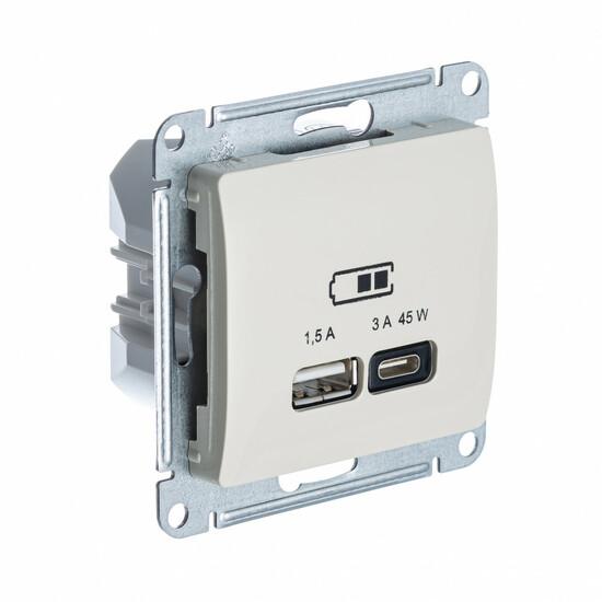 Фото №2 GLOSSA USB РОЗЕТКА A + тип-C 45W высокоскор.заряд. QC, PD, механизм, МОЛОЧНЫЙ (GSL000929)