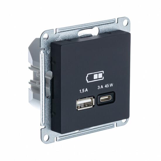 Фото №2 ATLASDESIGN USB РОЗЕТКА A + тип-C 45W высокоскор.заряд. QC, PD, механизм, КАРБОН (ATN001029)