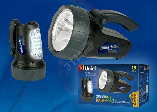 Фото №2 S-SL017-BA Black Фонарь TM Uniel, серия Стандарт «Distance light - Double force». Пластиковый корпус. 1W LED + 15 LED, 3,7V, 1000mAh Lithium. Упаковка цветной короб (SSL017BAB)