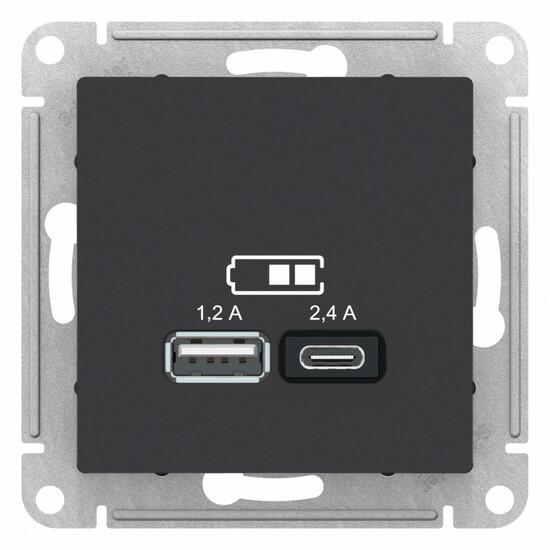 Фото №2 РОЗЕТКА USB ATLASDESIGN A+С, 5В/2,4А, 2х5В/1,2 А, механизм, КАРБОН (ATN001039)