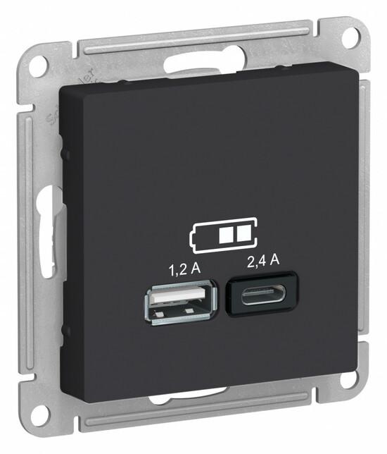 Фото №3 РОЗЕТКА USB ATLASDESIGN A+С, 5В/2,4А, 2х5В/1,2 А, механизм, КАРБОН (ATN001039)