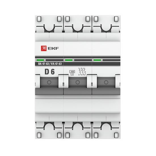 Фото №3 Выключатель автоматический трехполюсный 6А D ВА47-63 4.5кА PROxima (mcb4763-3-06D-pro)