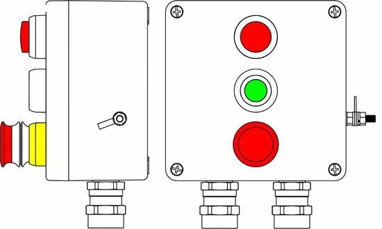 Фото №2 Пост управления взрывозащищенный из GRP. 1Ex d e IIC T6 Gb X/Ex tb IIIB T80C Db X/IP66. Аварийная кнопка красная, 1NC/1NO-1шт. Кнопка зеленая, 1NC/1NO-1шт. Лампа красная 20V-250V-1шт. С: ввод D5,5-13мм под бронированный кабель Ni-2шт. (2231.051.19.00W)