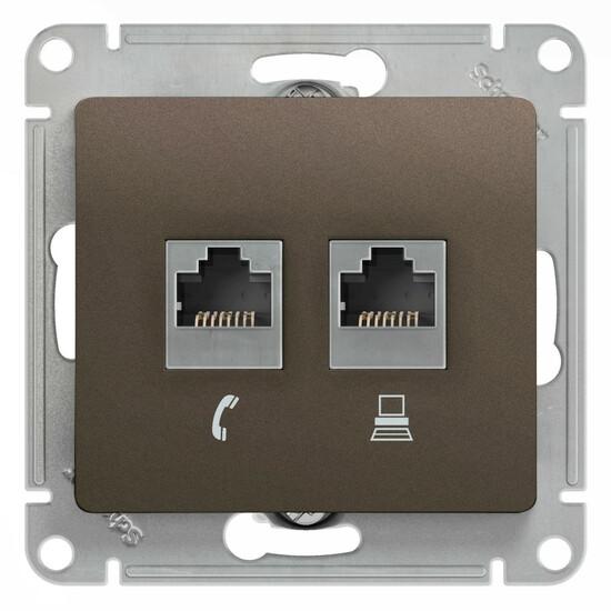Фото №3 GLOSSA Розетка двойная RJ11+RJ45 категория 5E шоколад в рамку (GSL000885)